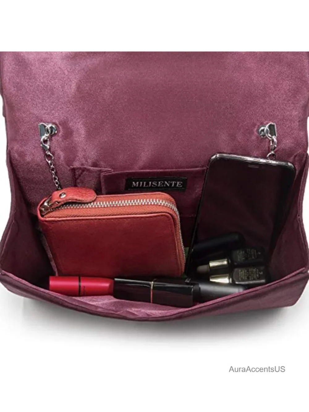 Suede Pleated Evening Clutch Bag with Magnetic Closure, Silver Chain, Crossbody